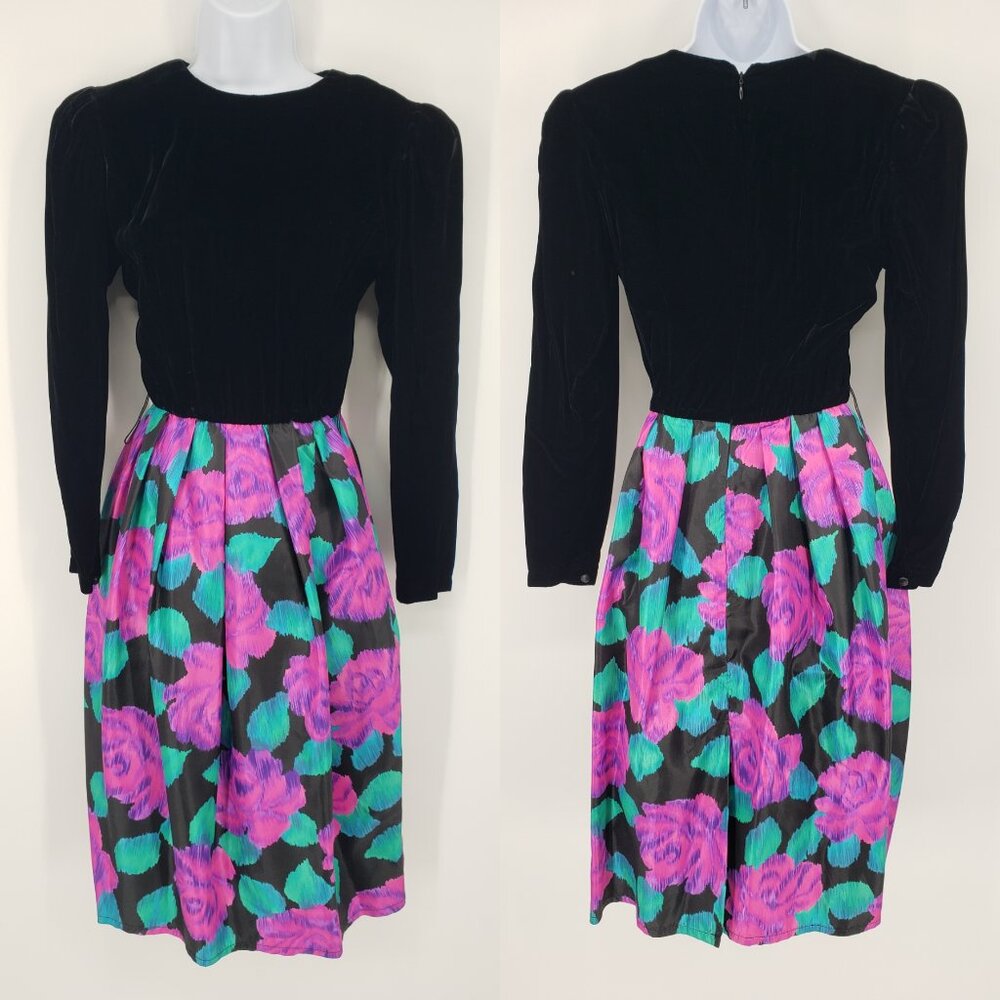 Donna Morgan Vintage 80s Floral Midi Dress 3/4 Velvet Puff Long Sleeve Cocktail